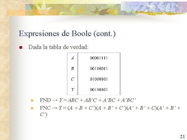 Expresiones de Boole (cont. ) n Dada la tabla de verdad: n n FND