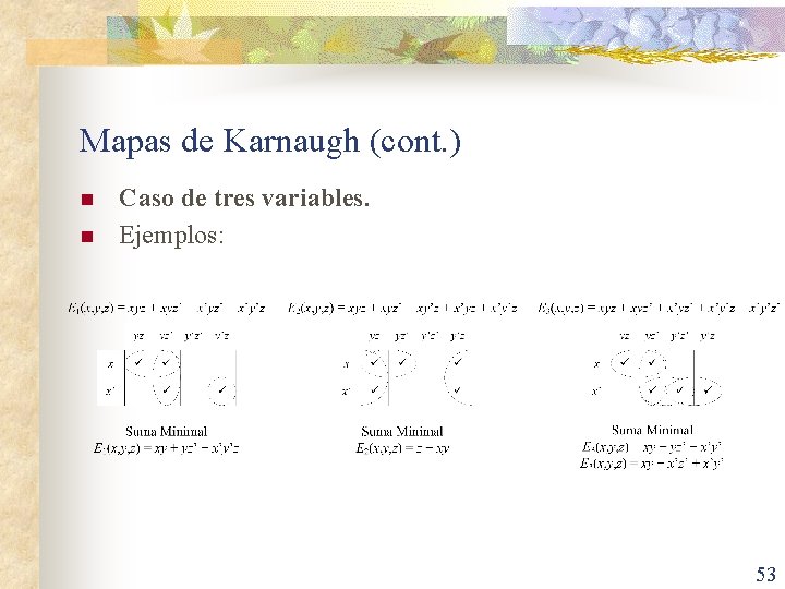 Mapas de Karnaugh (cont. ) n n Caso de tres variables. Ejemplos: 53 