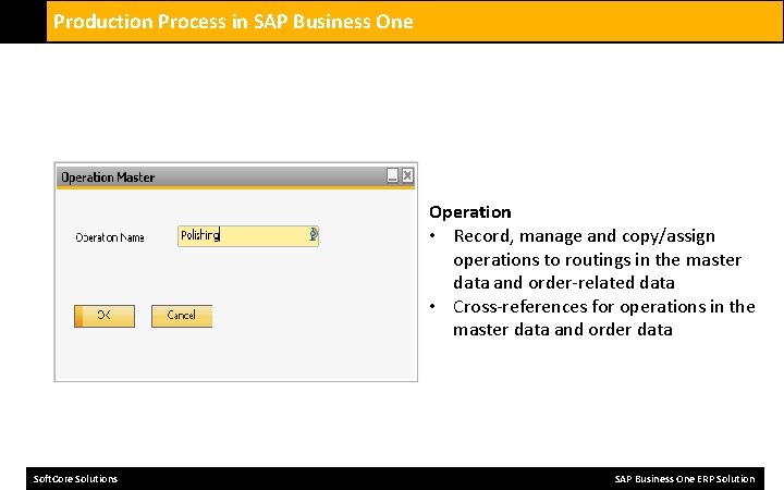 Production Process in SAP Business One Operation • Record, manage and copy/assign operations to