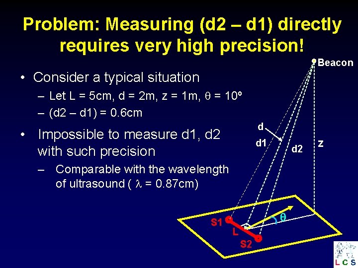 Problem: Measuring (d 2 – d 1) directly requires very high precision! Beacon •