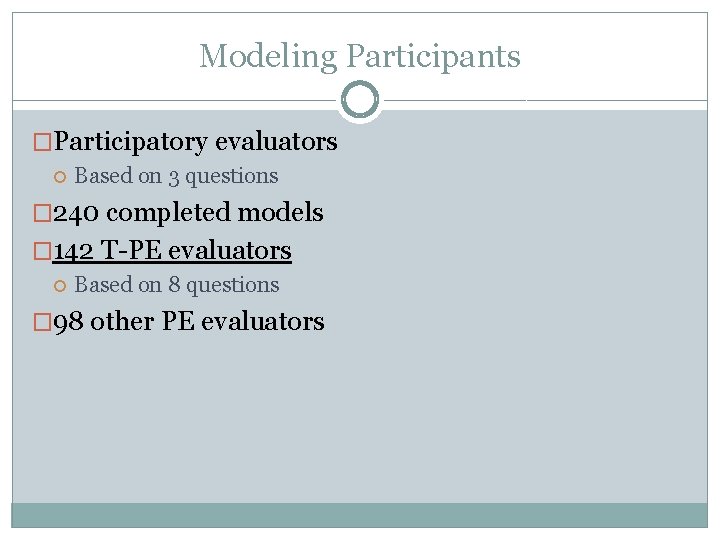 Modeling Participants �Participatory evaluators Based on 3 questions � 240 completed models � 142