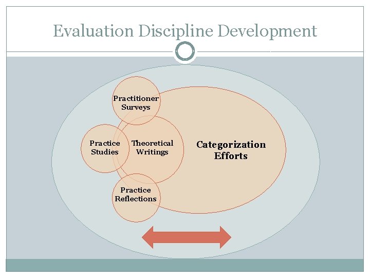 Evaluation Discipline Development Practitioner Surveys Practice Studies Theoretical Writings Practice Reflections Categorization Efforts 