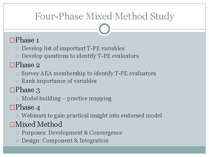 Four-Phase Mixed Method Study �Phase 1 Develop list of important T-PE variables Develop questions