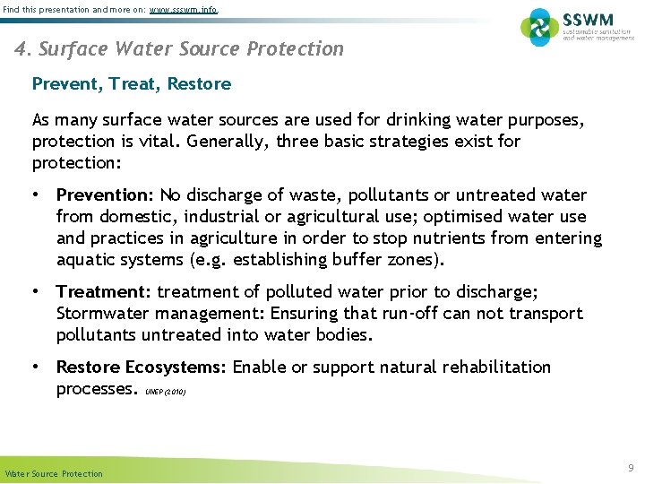 Find this presentation and more on: www. ssswm. info. 4. Surface Water Source Protection