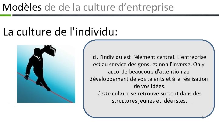 Modèles de de la culture d’entreprise La culture de l'individu: Ici, l'individu est l'élément