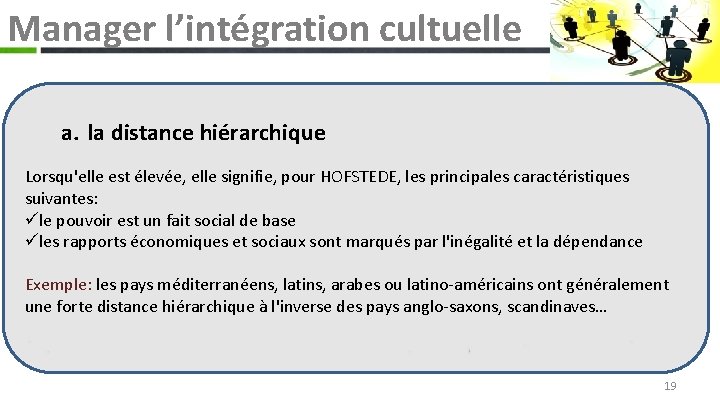 Manager l’intégration cultuelle a. la distance hiérarchique Lorsqu'elle est élevée, elle signifie, pour HOFSTEDE,