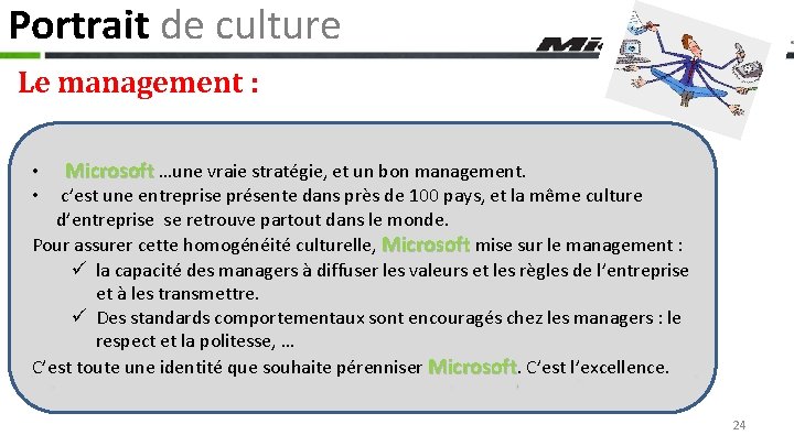 Portrait de culture Le management : • Microsoft …une vraie stratégie, et un bon