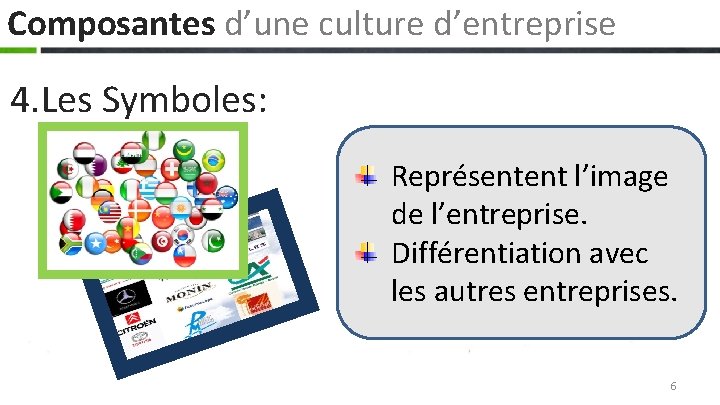 Composantes d’une culture d’entreprise 4. Les Symboles: Représentent l’image de l’entreprise. Différentiation avec les