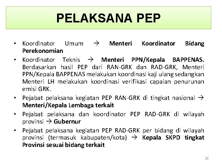 PELAKSANA PEP • Koordinator Umum Menteri Koordinator Bidang Perekonomian • Koordinator Teknis Menteri PPN/Kepala PELAKSANA PEP • Koordinator Umum Menteri Koordinator Bidang Perekonomian • Koordinator Teknis Menteri PPN/Kepala