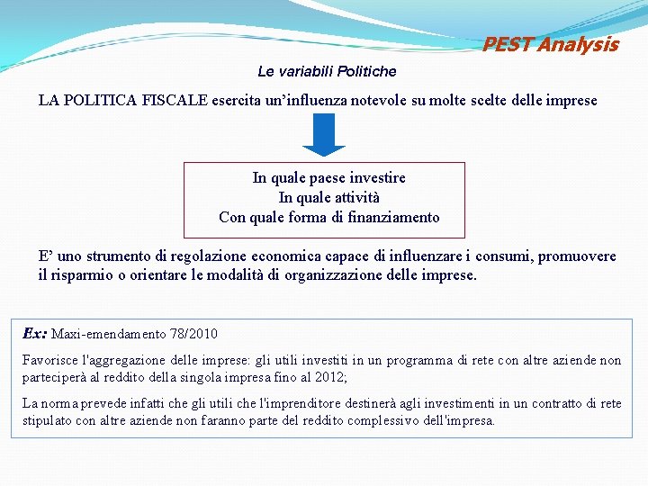 PEST Analysis Le variabili Politiche LA POLITICA FISCALE esercita un’influenza notevole su molte scelte PEST Analysis Le variabili Politiche LA POLITICA FISCALE esercita un’influenza notevole su molte scelte