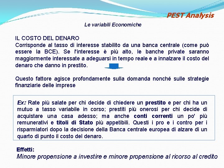 PEST Analysis Le variabili Economiche IL COSTO DEL DENARO Corrisponde al tasso di interesse PEST Analysis Le variabili Economiche IL COSTO DEL DENARO Corrisponde al tasso di interesse