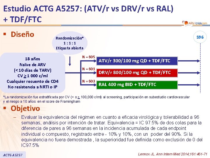 Estudio ACTG A 5257: (ATV/r vs DRV/r vs RAL) + TDF/FTC § Diseño S