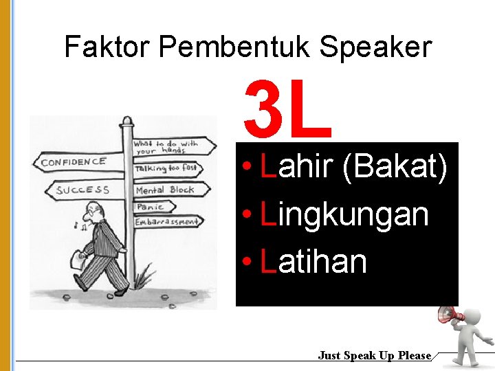 Faktor Pembentuk Speaker 3 L • Lahir (Bakat) • Lingkungan • Latihan Just Speak