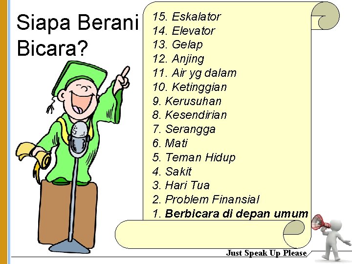 Siapa Berani Bicara? 15. Eskalator 14. Elevator 13. Gelap 12. Anjing 11. Air yg