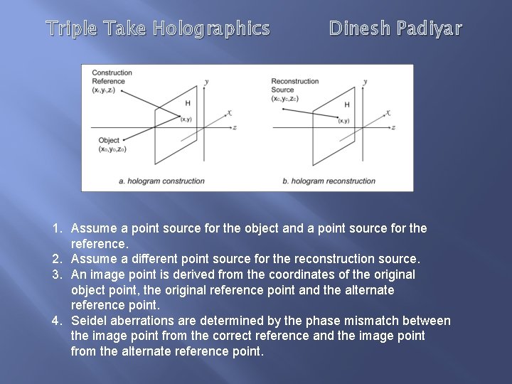 Triple Take Holographics Dinesh Padiyar 1. Assume a point source for the object and