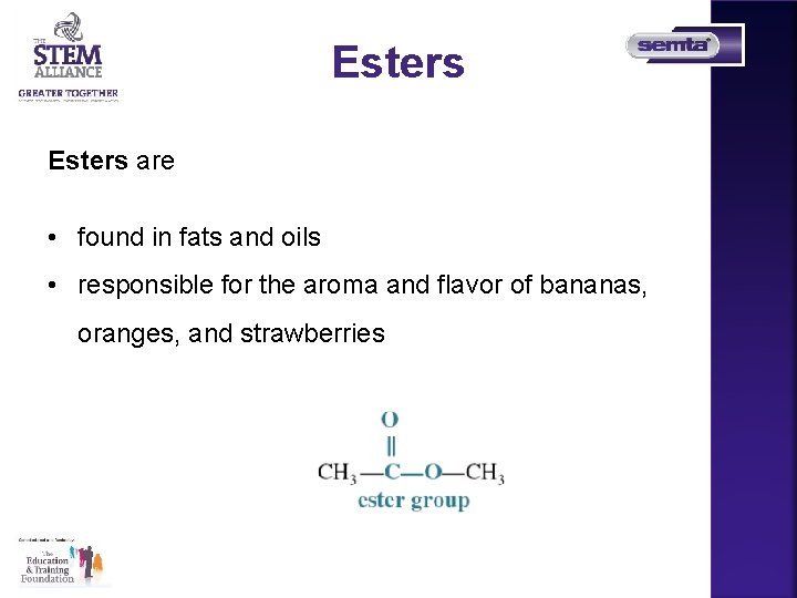 Esters are • found in fats and oils • responsible for the aroma and
