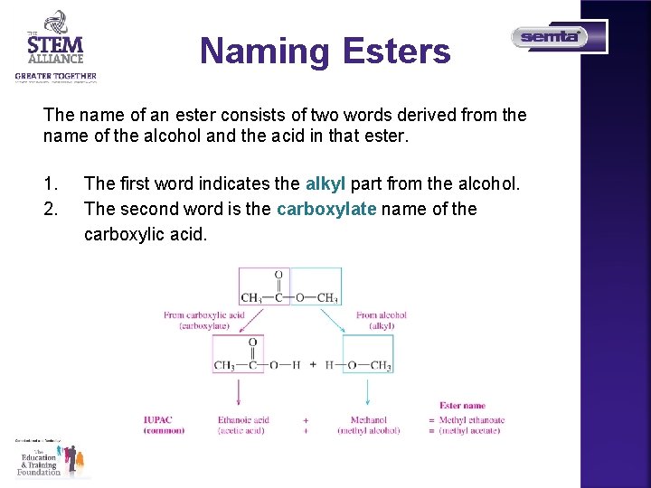 Naming Esters The name of an ester consists of two words derived from the