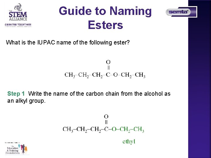 Guide to Naming Esters What is the IUPAC name of the following ester? Step