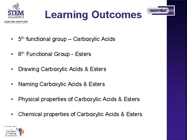 Learning Outcomes • 5 th functional group – Carboxylic Acids • 6 th Functional