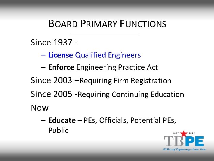 BOARD PRIMARY FUNCTIONS Since 1937 – License Qualified Engineers – Enforce Engineering Practice Act