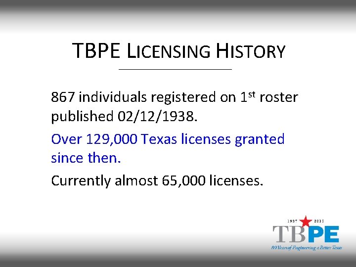 TBPE LICENSING HISTORY 867 individuals registered on 1 st roster published 02/12/1938. Over 129,