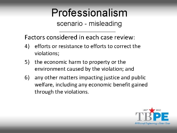 Professionalism scenario - misleading Factors considered in each case review: 4) efforts or resistance