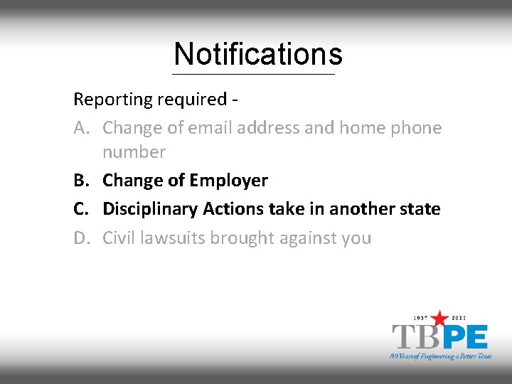 Notifications Reporting required A. Change of email address and home phone number B. Change