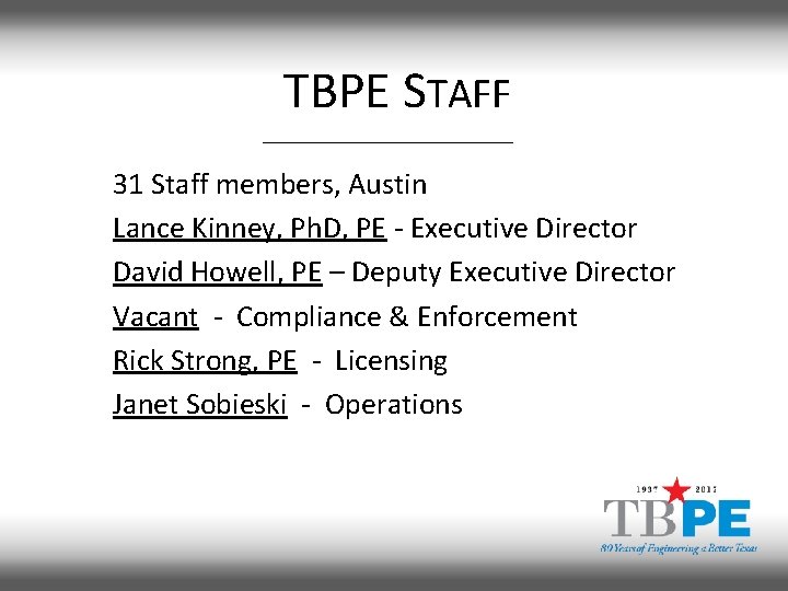 TBPE STAFF 31 Staff members, Austin Lance Kinney, Ph. D, PE - Executive Director