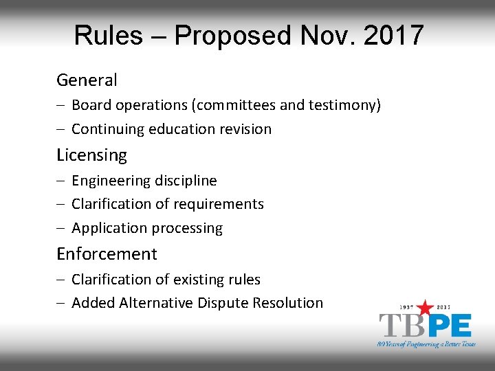 Rules – Proposed Nov. 2017 General – Board operations (committees and testimony) – Continuing