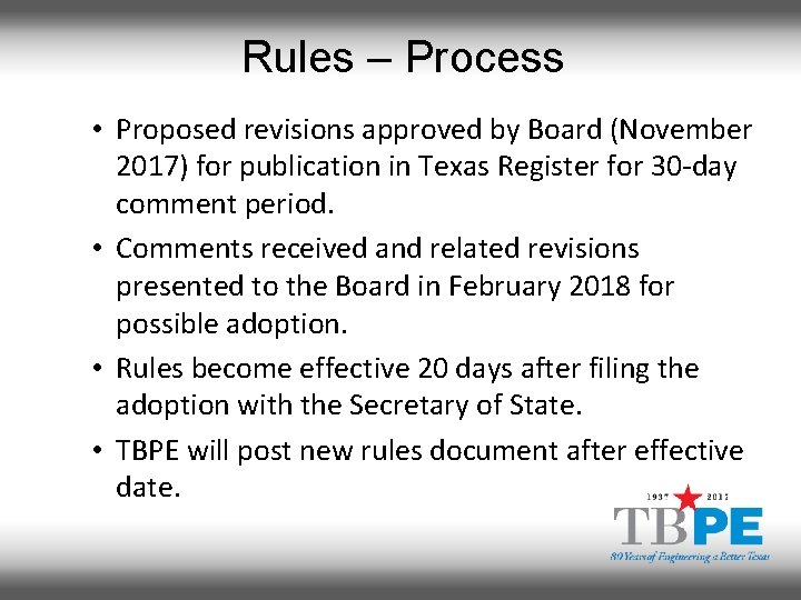 Rules – Process • Proposed revisions approved by Board (November 2017) for publication in