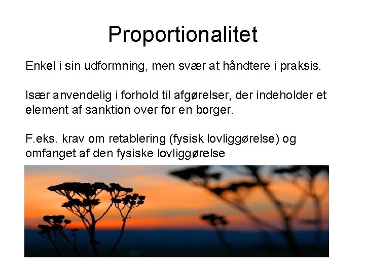 Proportionalitet Enkel i sin udformning, men svær at håndtere i praksis. Især anvendelig i