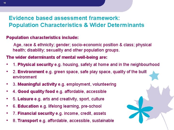 15 Evidence based assessment framework: Population Characteristics & Wider Determinants Population characteristics include: Age,