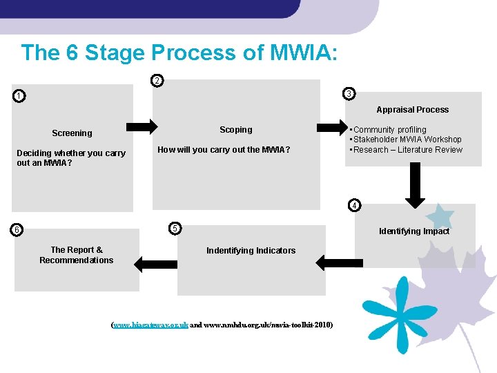 The 6 Stage Process of MWIA: 2 3 1 Appraisal Process Scoping Screening Deciding