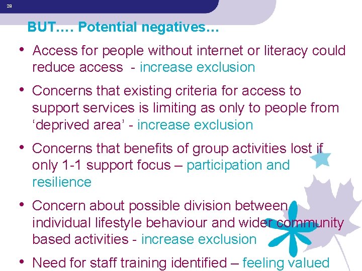 29 BUT…. Potential negatives… • Access for people without internet or literacy could reduce