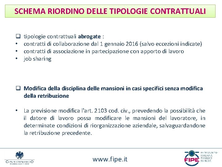 SCHEMA RIORDINO DELLE TIPOLOGIE CONTRATTUALI q • • • tipologie contrattuali abrogate : contratti