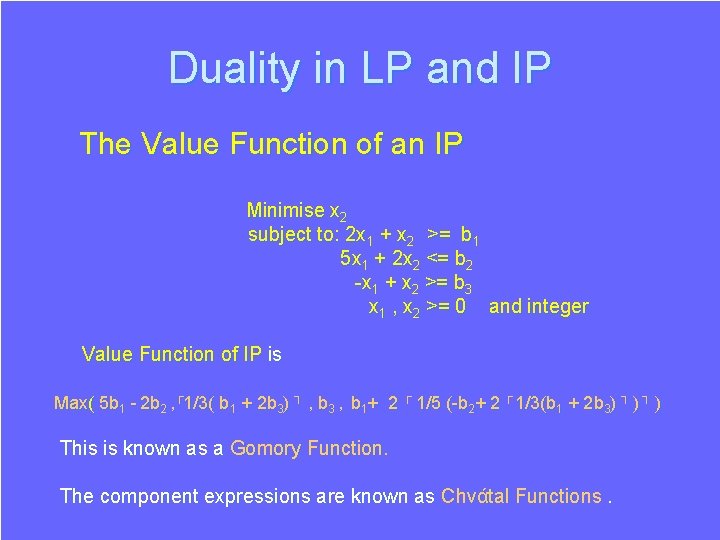 Duality in LP and IP The Value Function of an IP Minimise x 2 Duality in LP and IP The Value Function of an IP Minimise x 2