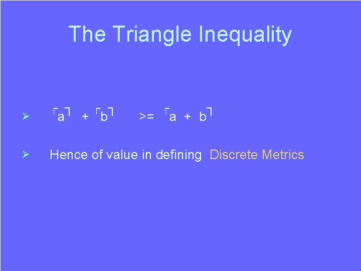 The Triangle Inequality Ø Ø ┐ ┌ ┐ a + b ┌ >= ┐ The Triangle Inequality Ø Ø ┐ ┌ ┐ a + b ┌ >= ┐