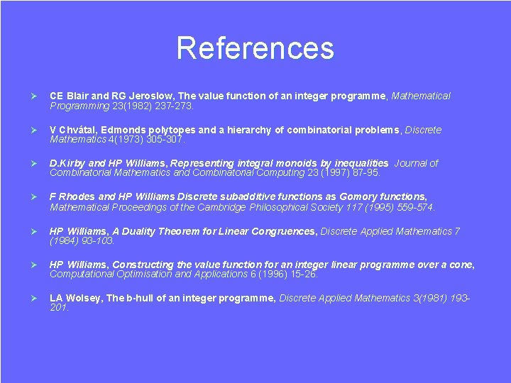 References Ø CE Blair and RG Jeroslow, The value function of an integer programme, References Ø CE Blair and RG Jeroslow, The value function of an integer programme,