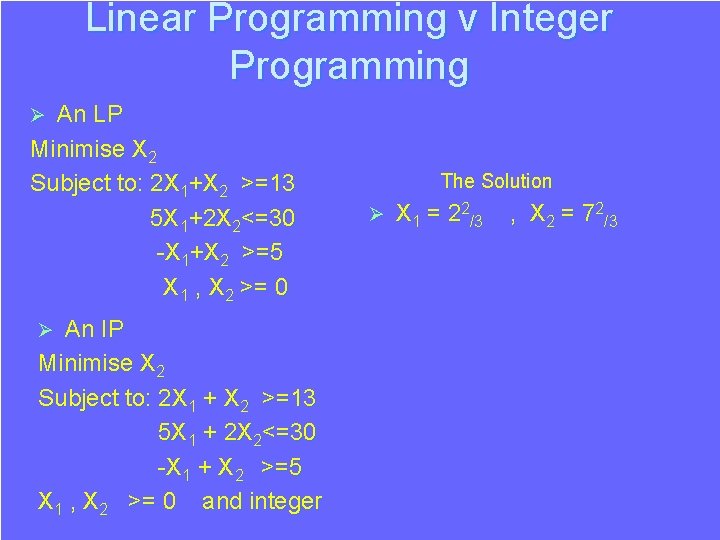 Linear Programming v Integer Programming An LP Minimise X 2 Subject to: 2 X Linear Programming v Integer Programming An LP Minimise X 2 Subject to: 2 X
