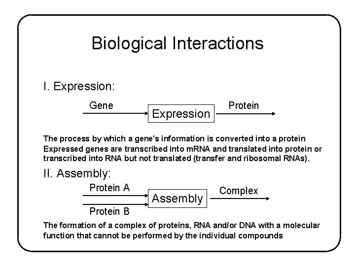 Biological Interactions I. Expression: Gene Expression Protein The process by which a gene's information