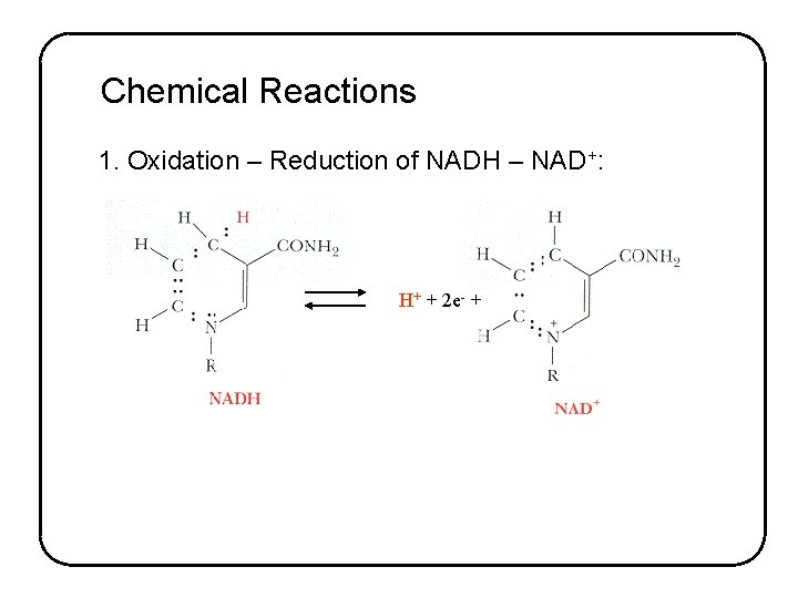Chemical Reactions 1. Oxidation – Reduction of NADH – NAD+: H+ + 2 e-