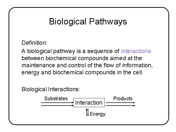 Biological Pathways Definition: A biological pathway is a sequence of interactions between biochemical compounds