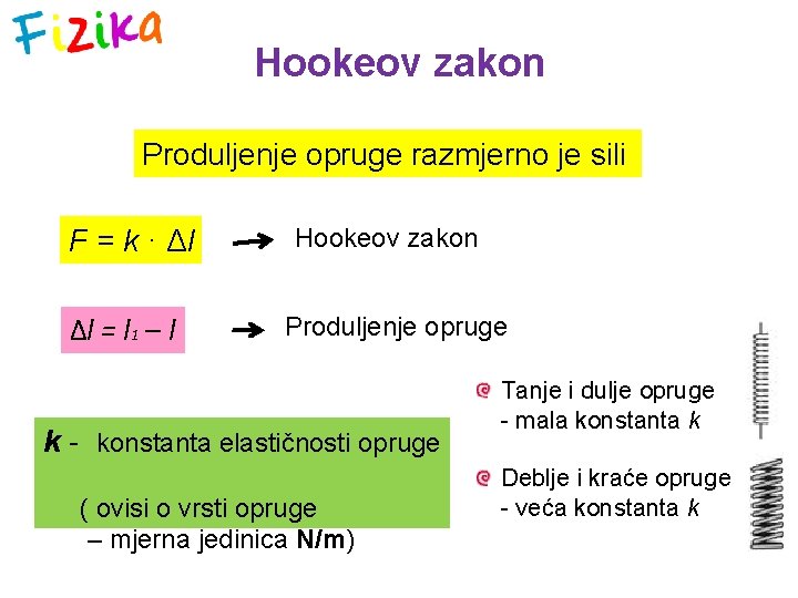 Hookeov zakon Produljenje opruge razmjerno je sili F = k · Δl Δl =