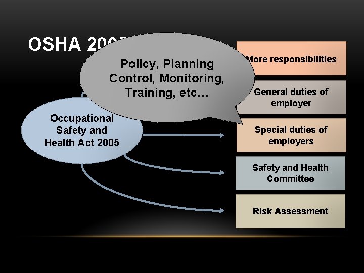 OSHA 2005 Policy, Planning Control, Monitoring, Training, etc… Occupational Safety and Health Act 2005