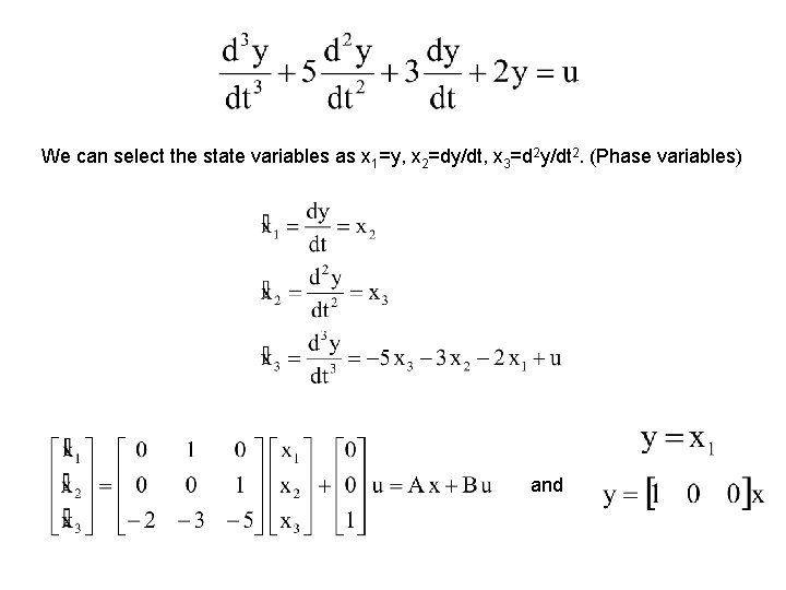 We can select the state variables as x 1=y, x 2=dy/dt, x 3=d 2 We can select the state variables as x 1=y, x 2=dy/dt, x 3=d 2