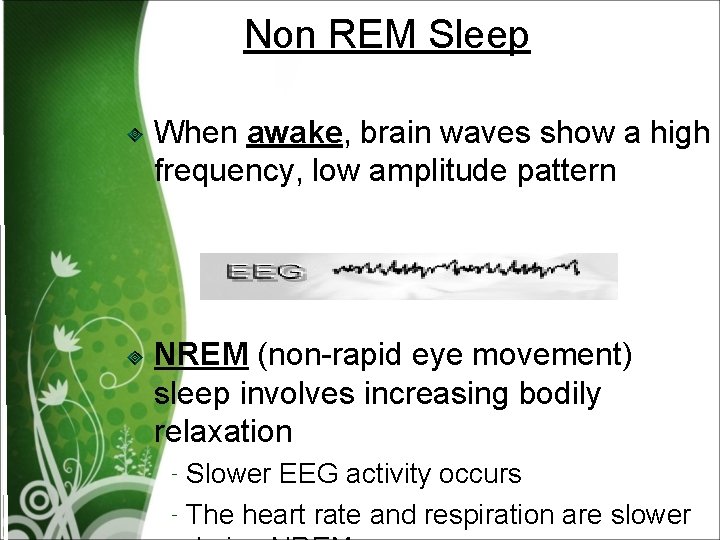 Non REM Sleep When awake, brain waves show a high frequency, low amplitude pattern