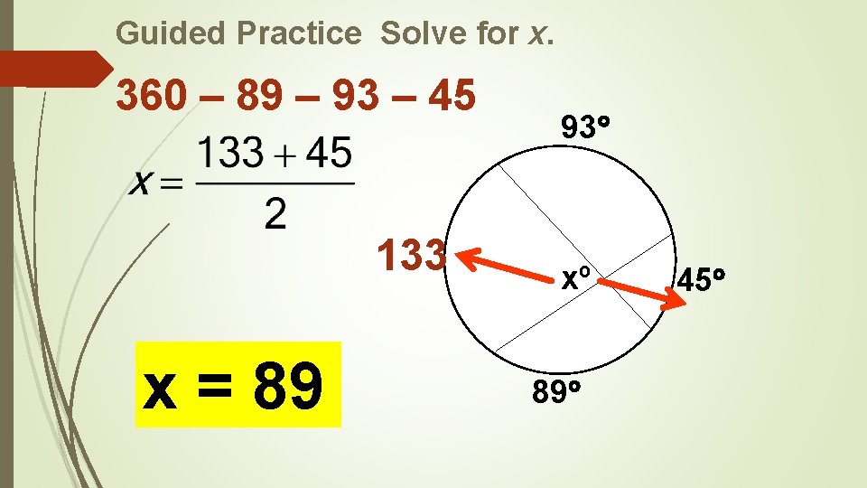 Guided Practice Solve for x. 360 – 89 – 93 – 45 133 x
