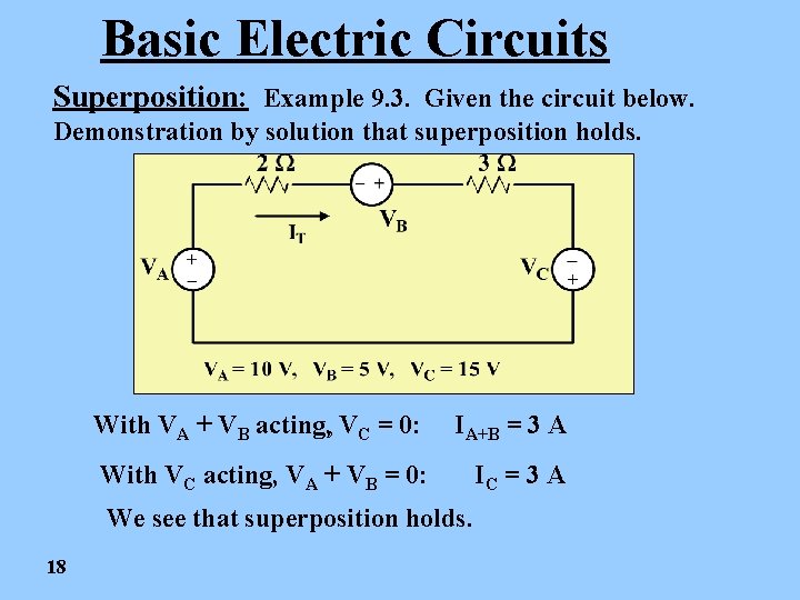 Basic Electric Circuits Superposition: Example 9. 3. Given the circuit below. Demonstration by solution