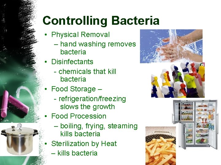 Controlling Bacteria • Physical Removal – hand washing removes bacteria • Disinfectants - chemicals