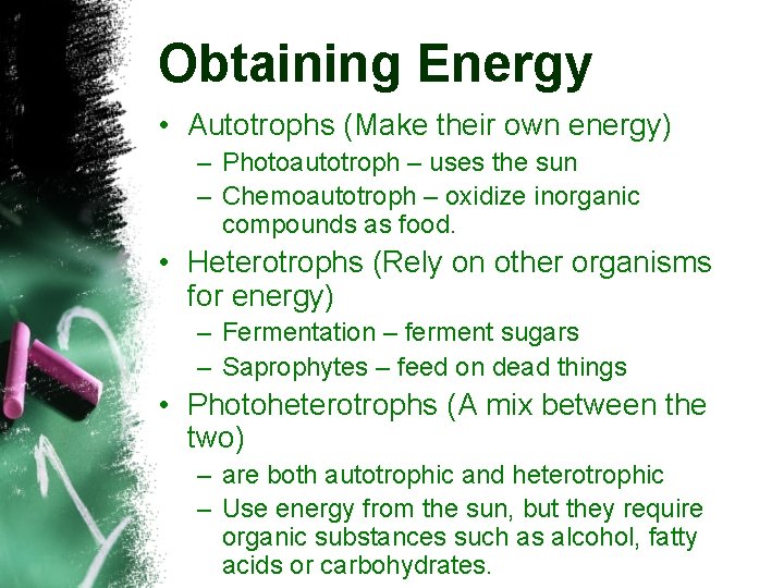 Obtaining Energy • Autotrophs (Make their own energy) – Photoautotroph – uses the sun